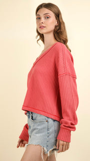 Wide Ribbed Soft V-Neck Top