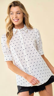 Polka Dot Puff Slv Button Front Top