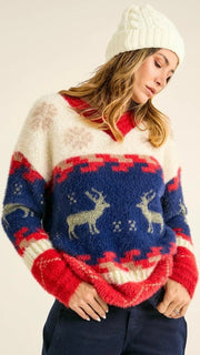 Holiday Reindeer+Snowflake Vneck Sweater