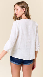 Smocked Yoke Textured 3/4 Slv Top