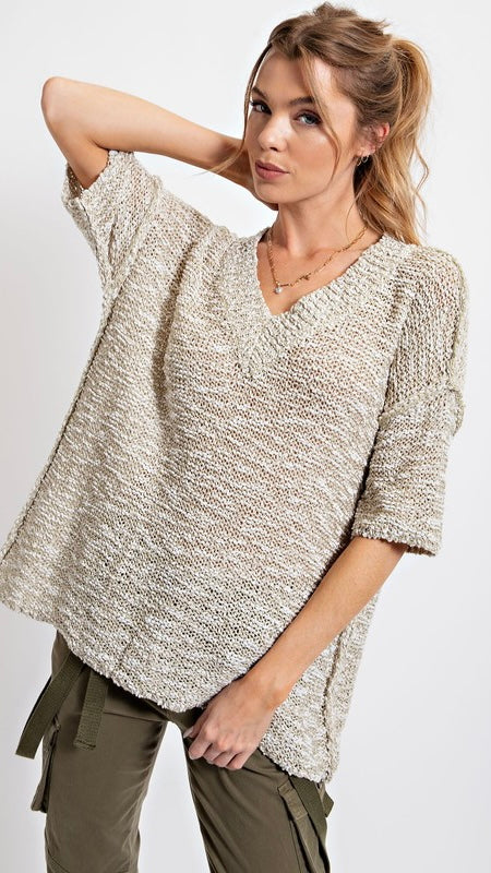 Marled Yarn Slouch V-Neck S/S Sweater