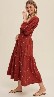 Floral Embroidery Cotton Gauze Midi Dress