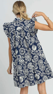 Ruffle Shoulder Paisley Tiered Dress