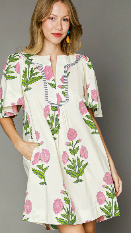 Floral Bouquet Split Neck Dress w/Pkts