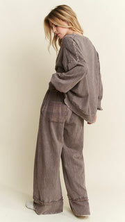 Mineral Frayed Plaid Trim Terry Knit Pants