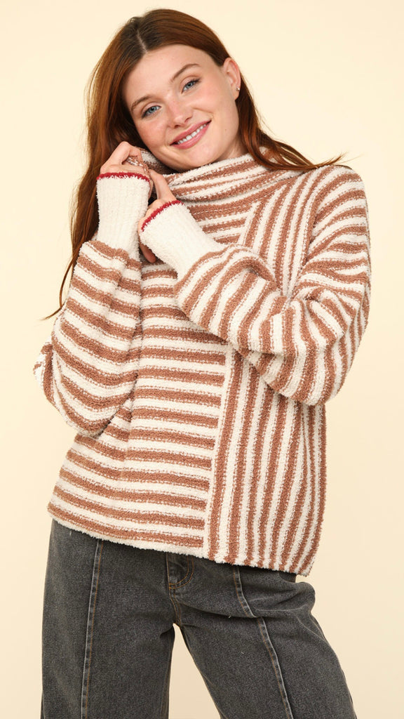 Blocked Stripe Cowl Neck Blanket Sweater