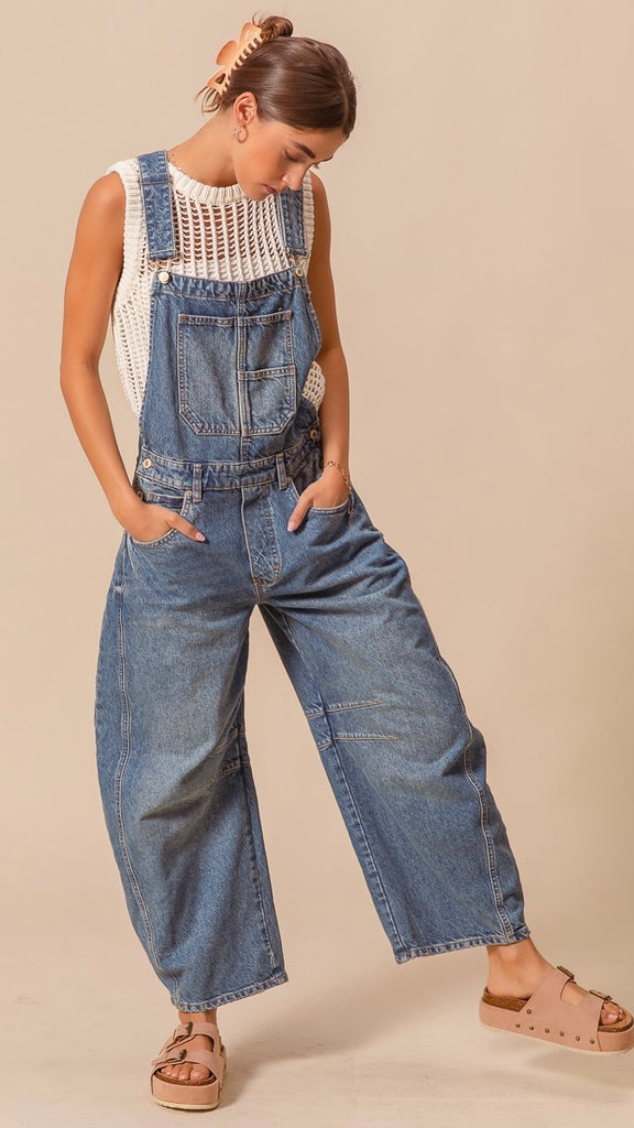 Barrel Leg Washed Denim Overalls