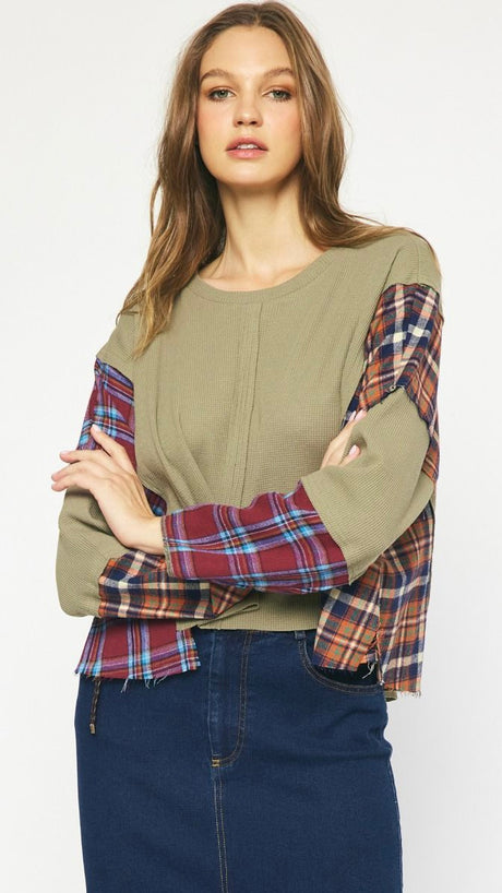 Waffle + Plaid Colorblock Top