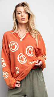 Heart Smiley Split Neck Sweatshirt