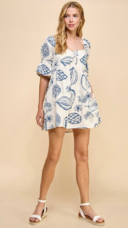 Tropical Fruit Puff Sleeve Dress w/Pockets