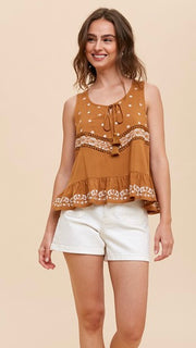 Embroidered Ruffle Hem Tank Top