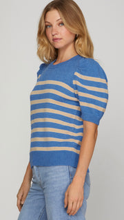 Stripe Sweater Knit Puff Slv Top
