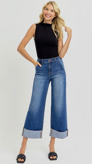 High Rise Ankle Wide Leg Cuff Jean