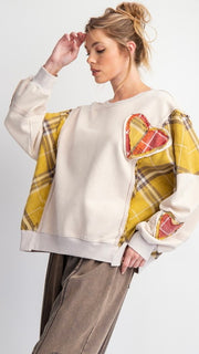 Plaid Heart Appliqué Slouch Sweatshirt