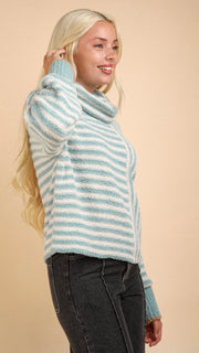 Blocked Stripe Cowl Neck Blanket Sweater