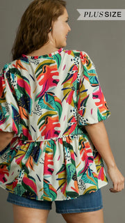 + Tropical Print Bubble 1/2 Sleeve Top