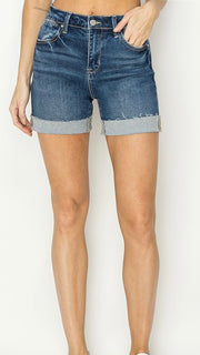 High Rise Raw Edge Cuff Stretch Shorts