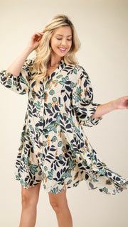 Floral 3/4 Sleeve Flare Dress w/Pkts