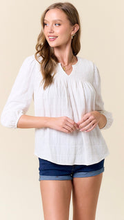 Smocked Yoke Textured 3/4 Slv Top