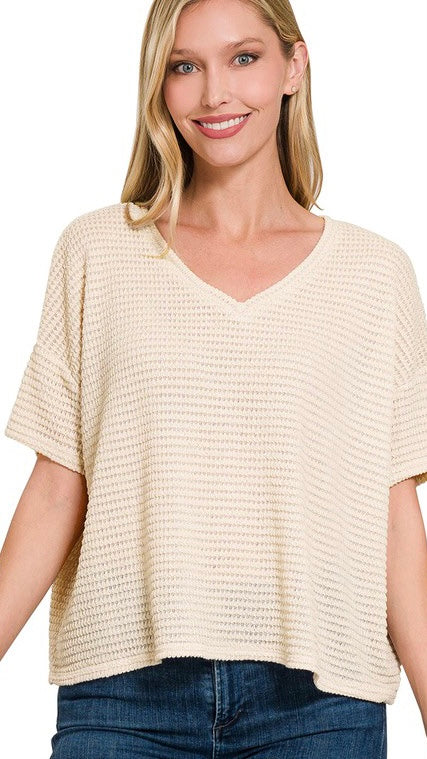 Textured Waffle Knit V-Neck Top 9/24