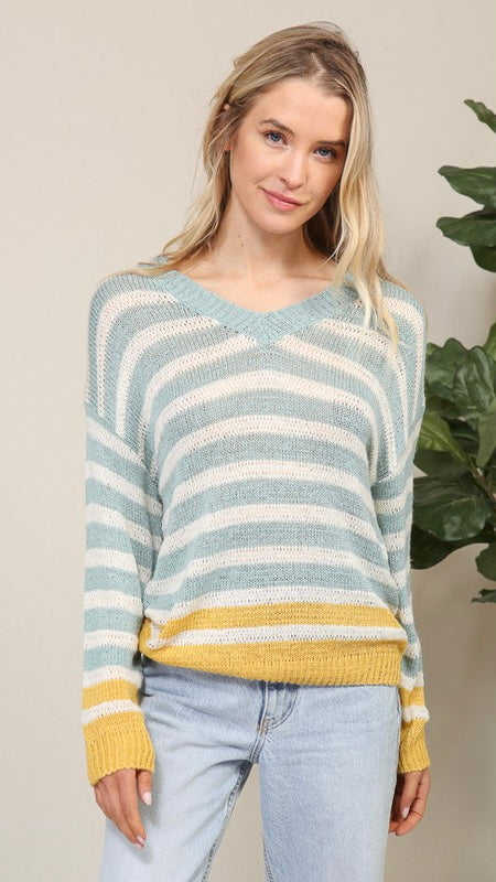 Stripe Colorblock V-Neck Lt Wt Sweater