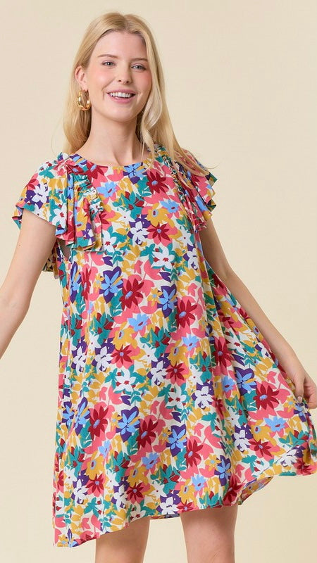 Big Ruffle Shoulder Floral Dress w/Pockets