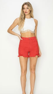 High Rise Destruct Hem Stretch Shorts