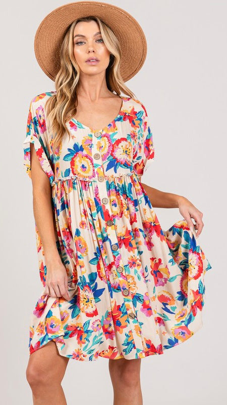 Bold Floral Babydoll Dress w/Pockets