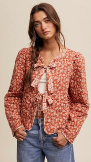 Fem Floral Bow Tie Quilted Jacket