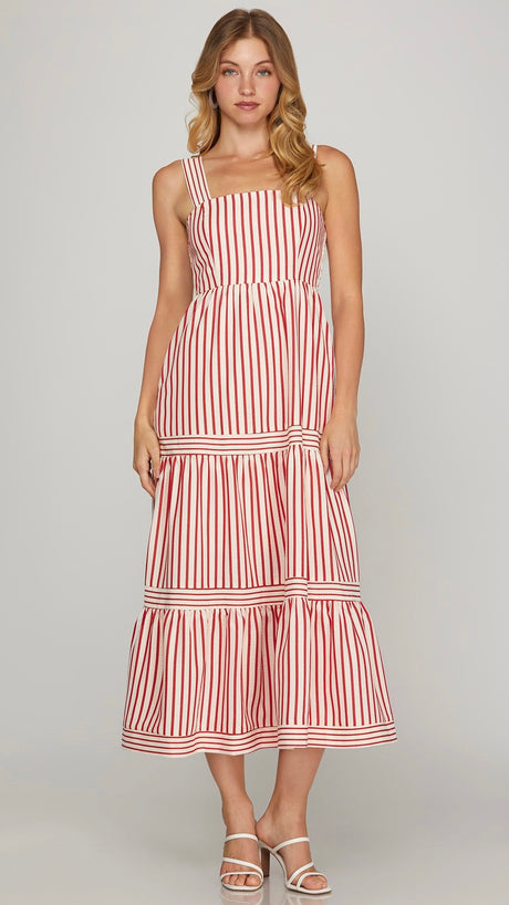 Pinstripe Tiered Midi Dress