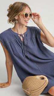 Linen Blend Fray Trim Dress