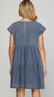 Braided Trim Cap Slv Denim Dress