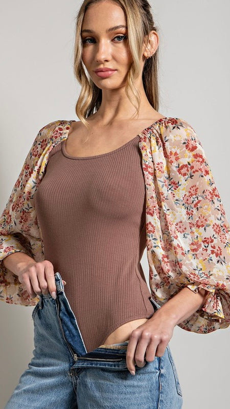 Floral Bubble Sleeve Ribbed Knit Bodysuit