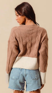 Cable Knit V-Neck Colorblock Sweater