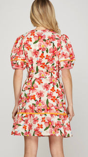 Floral Puff Sleeve Tie Waist Dress