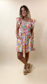 Floral Ruffle Shldr Smocked Dress