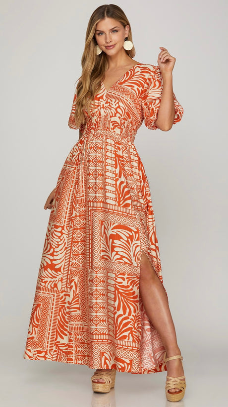 Puff Sleeve Side Slit Maxi Dress