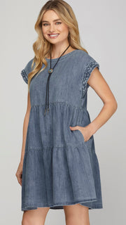 Braided Trim Cap Slv Denim Dress