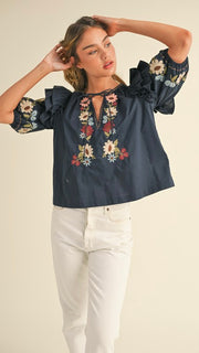 Embroidered Puff Sleeve Woven Top