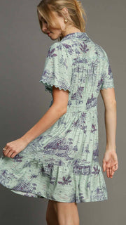 Landscape Print Scallop Trim Dress