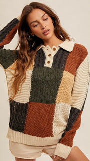 Patchwork Pullover Henley Sweater