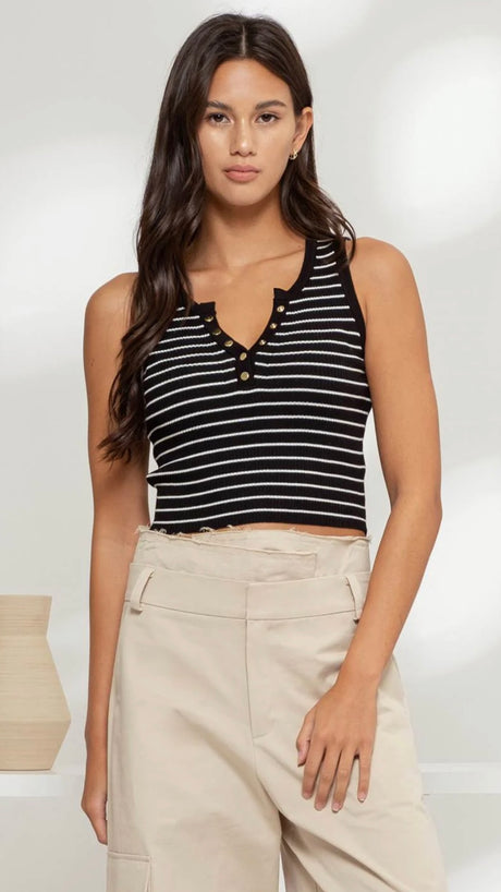 Striped Gold Snap Crop Sweater Tank Top