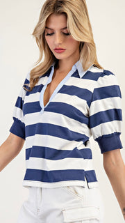 Hamptons Stripe Puff Sleeve Knit Top