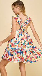 Bold Floral Ruffle X-Back Strap Dress