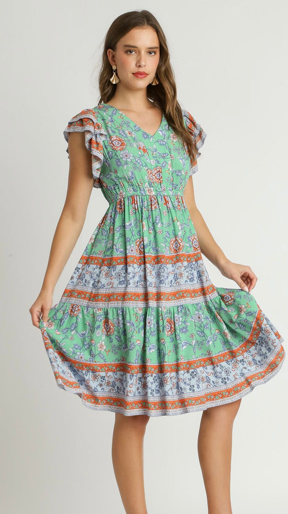 Floral Border Print Ruffle Sleeve Dress