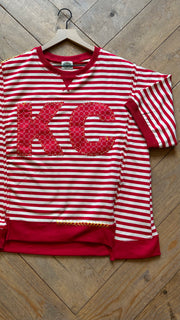 (98) Large-KC Quilt Hand-Stitch FTerry Stripe S/S Sweatshirt