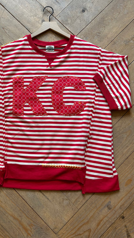 (98) Large-KC Quilt Hand-Stitch FTerry Stripe S/S Sweatshirt