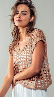 Wren Open Crochet V-Neck Sweater