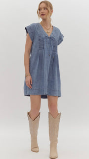 Pleated Bodice Denim Dress