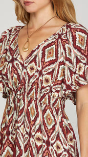 Diamond Print V-Neck Flutter Sleeve Dress